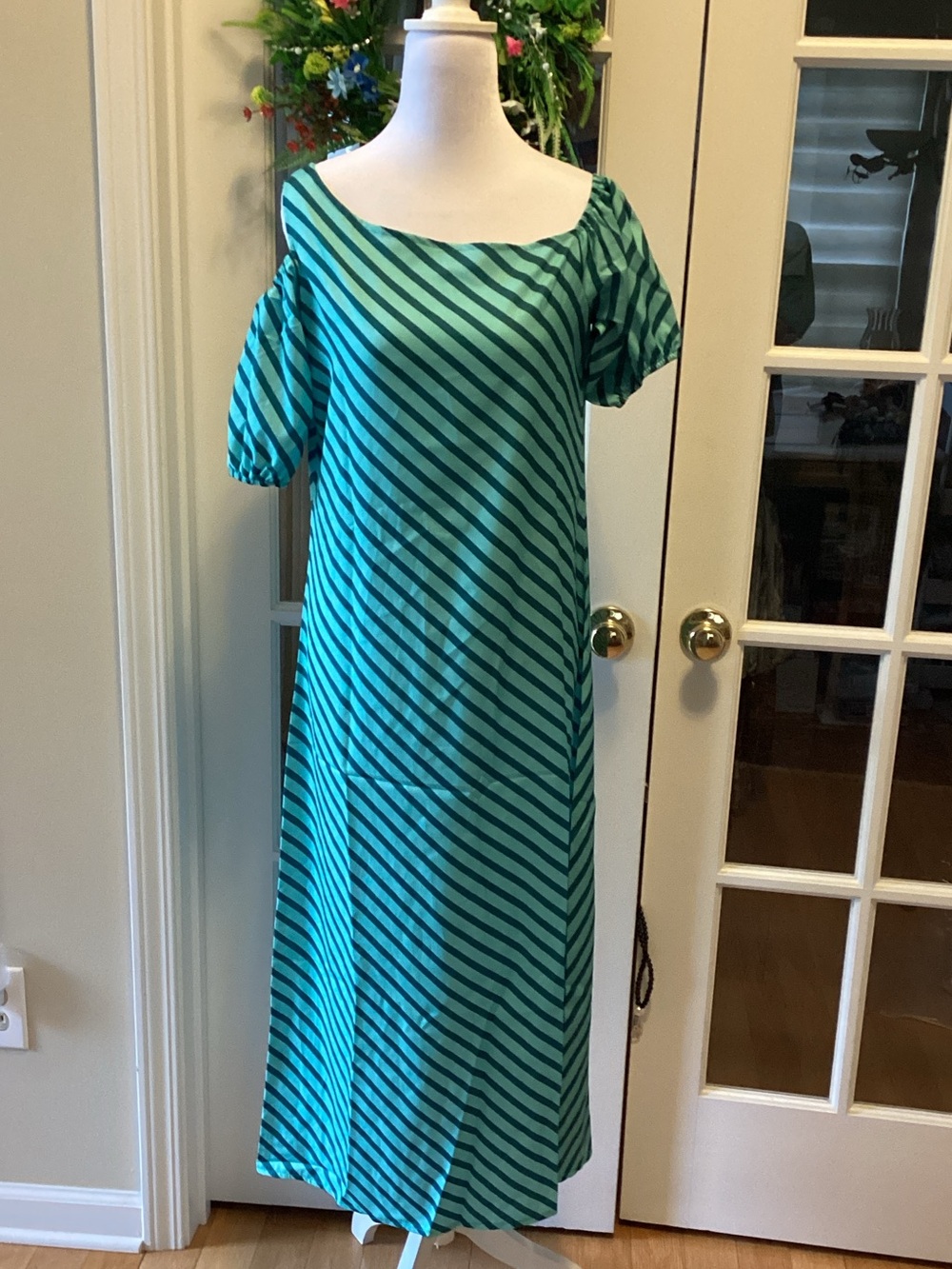 Source Unknown Teal and Black Diagonal Stripe Maxi Dress